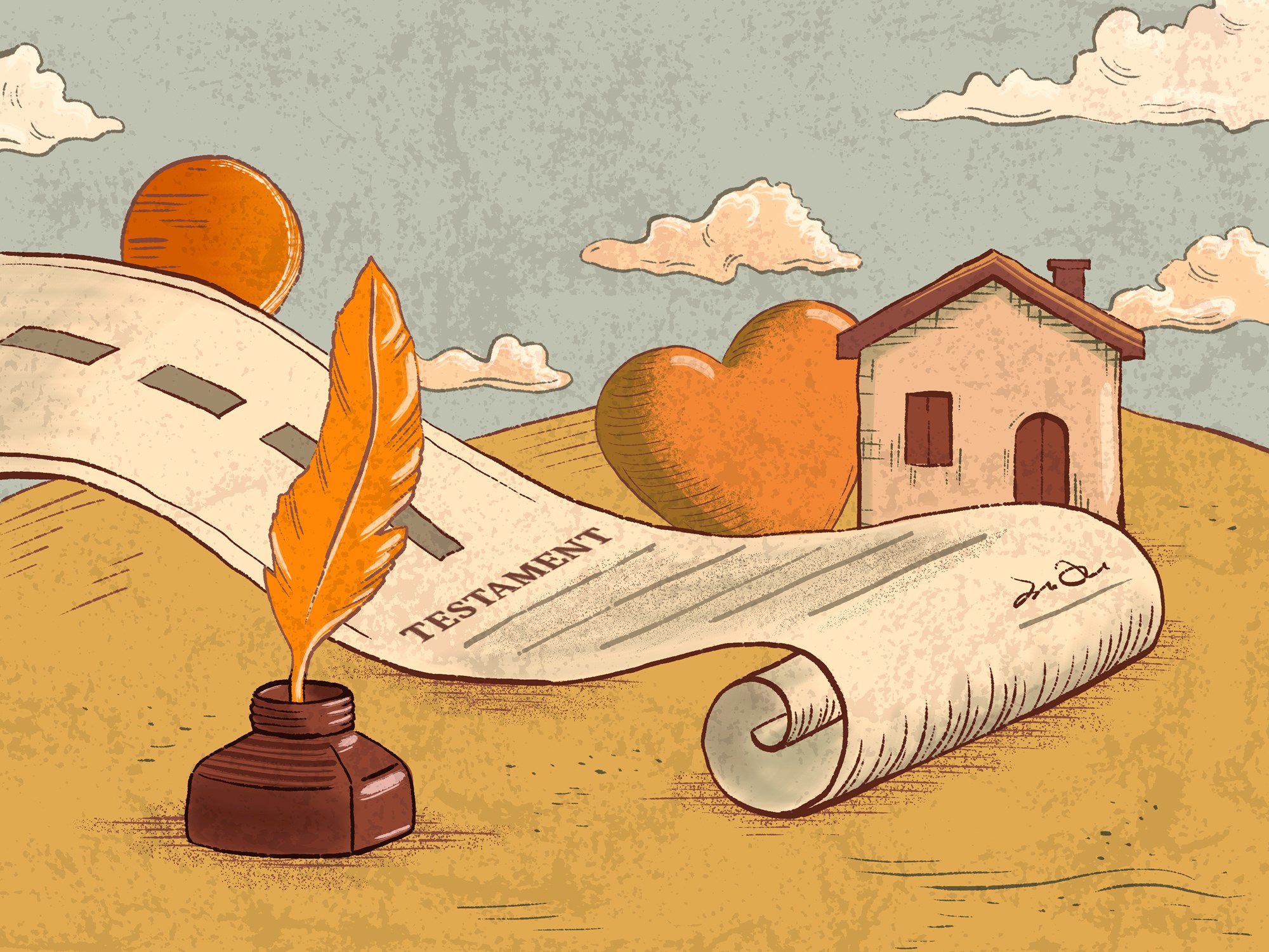 Testament document becoming a road to future generations. Digital illustration, my own artwork.
