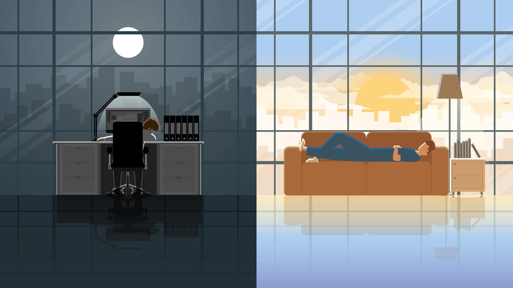 Sleep all time of burnout employee salaryman. Overnight working office people sleep at night in the company. Lie down all day on the sofa in the living room. A lazy person who is tired lacks energy