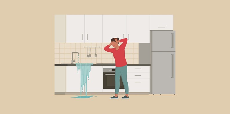 Panicked woman with head in hands and leaking kitchen sink: plumbing problems at home