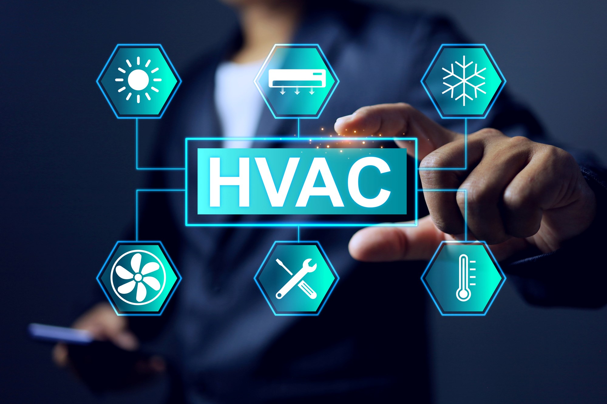 Heating ventilation air conditioning concept with businessman catch on HVAC info graphic represent to applied cooling and heating system to building to control temperature and humidity for human