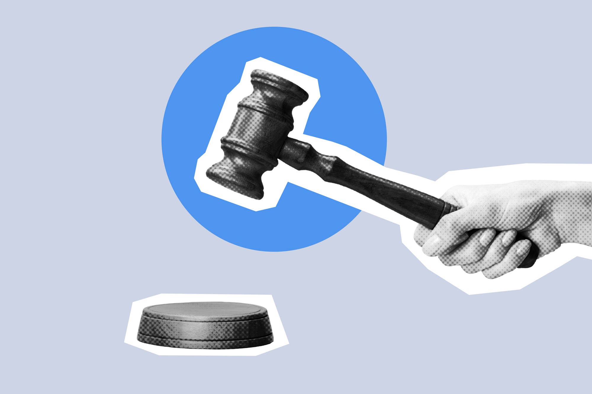 Hand banging wooden gavel in black and white pop art digital collage art style. Justice and law concept. Legal dispute resolution.