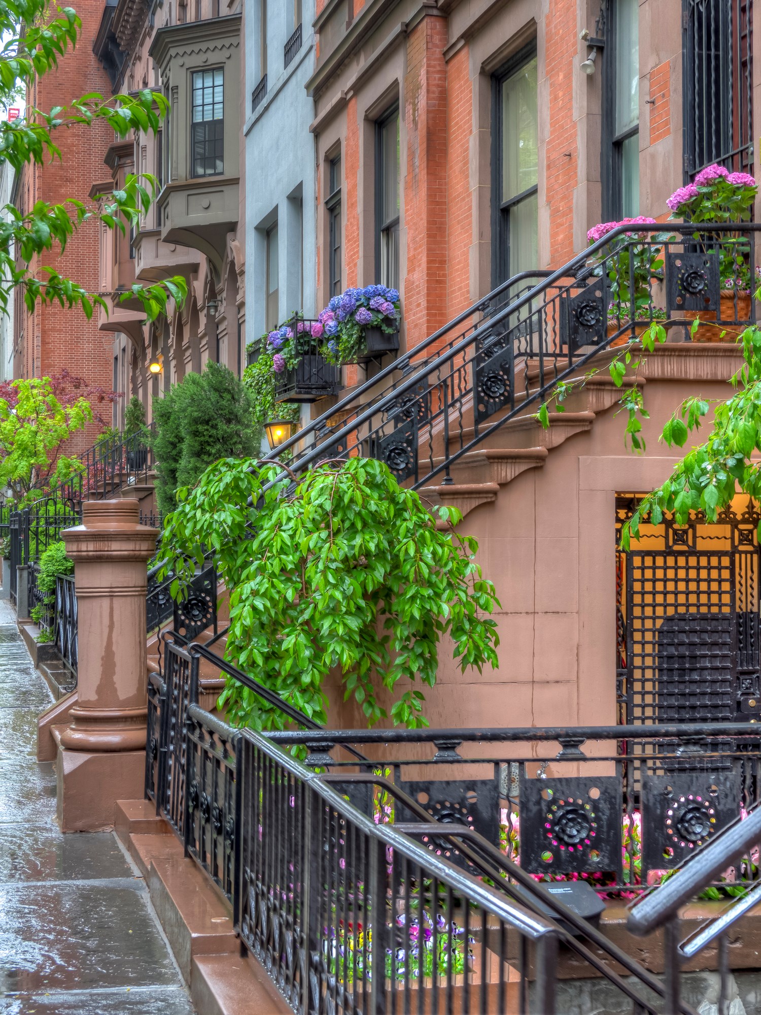 Brownstone on upper East side of New York City on rainy day