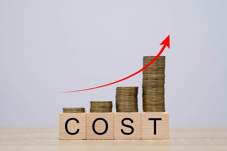 Stacks of coins increasing in height with a rising red arrow illustrate growing cost, financial pressure, inflation impact, business expenses, symbolizing economic challenges and budgeting concerns.
