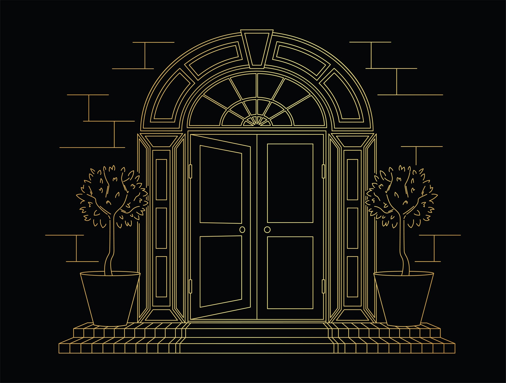 Golden vector illustration of an open door to a Georgian house on black background. Plants at the entrance, stone walls. Luxury sketch of magical world.