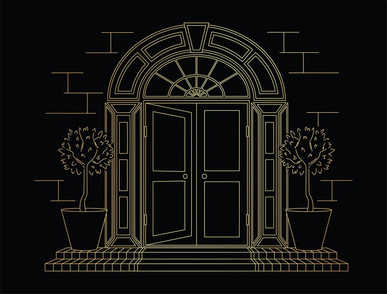 Golden vector illustration of an open door to a Georgian house on black background. Plants at the entrance, stone walls. Luxury sketch of magical world.