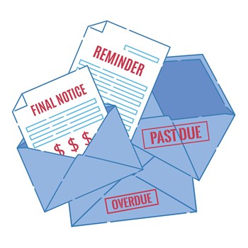 Payment bill overdue, reminder letter of unpaid invoice, debt final notice warning,  envelope with past due stamp. Finance and bankruptcy concept. Business vector illustration in flat style.