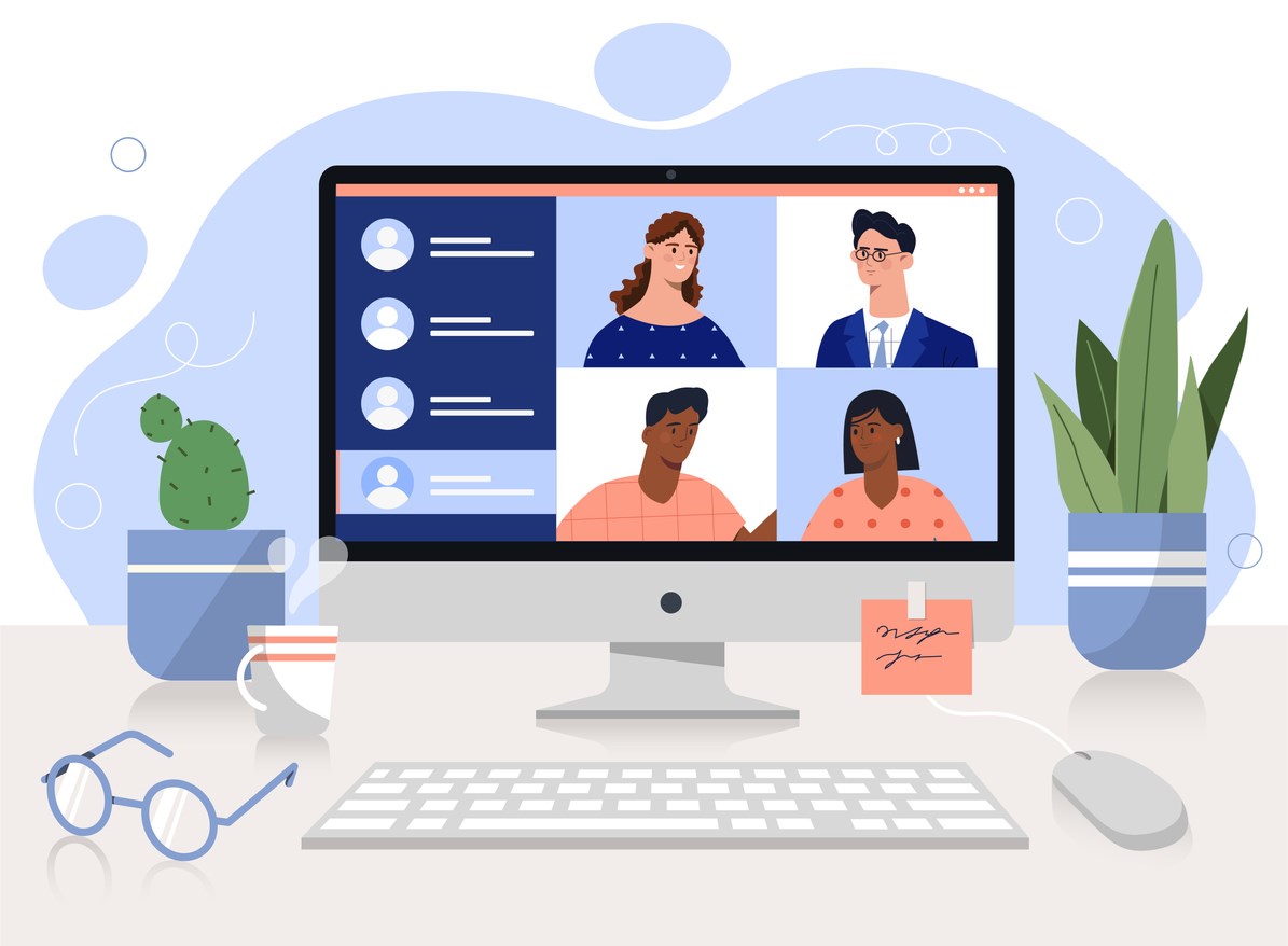 Video Conference at laptop. Men and women communicate on social networks and messengers. Remote employees and freelancers. Businesspeople with video call. Flat vector illustration