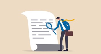 Document checking, agreement or contract validation, financial or budget analysis, search for document files concept, businessman manager holding big magnifying glass checking document paper.